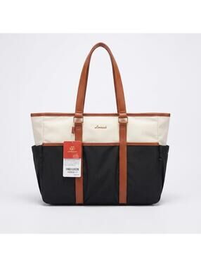 LOVEVOOK Black and Cream Tote Bag with Brown Faux Leather Trim